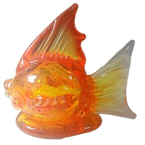 Demekin Lantern Blown Orange Crackle Glass Figurine Hollow Koi Gold Fish Vintage - Picture 2 of 12